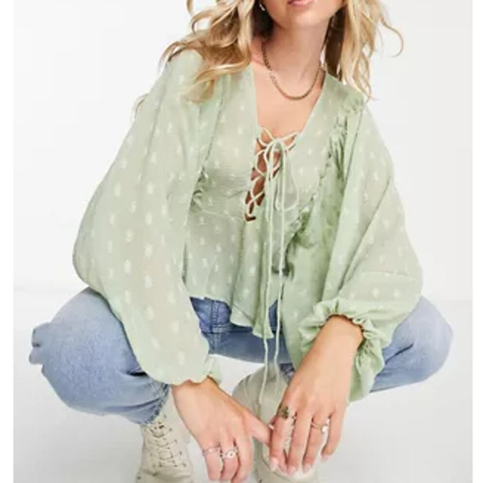 New ~ ASOS ~  Dobby Long Sleeve Blouse With Lace Up Front & Peplum Hem Size 10